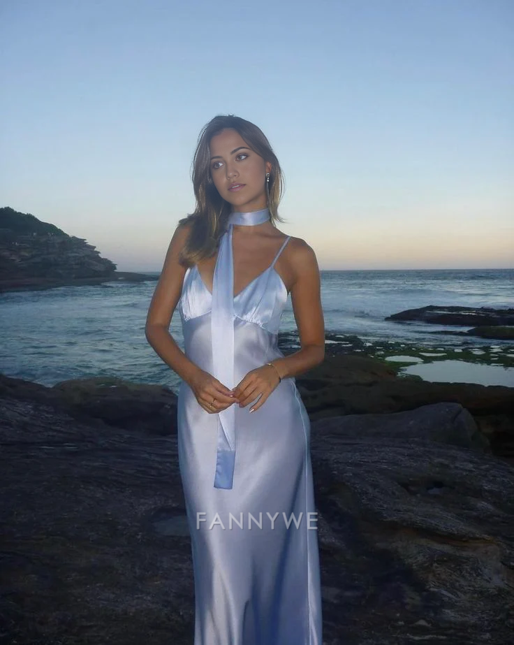 Sheath V Neck Straps Satin Blue Long formal dresses Bridesmaid Dresses evening gown Prom Dress