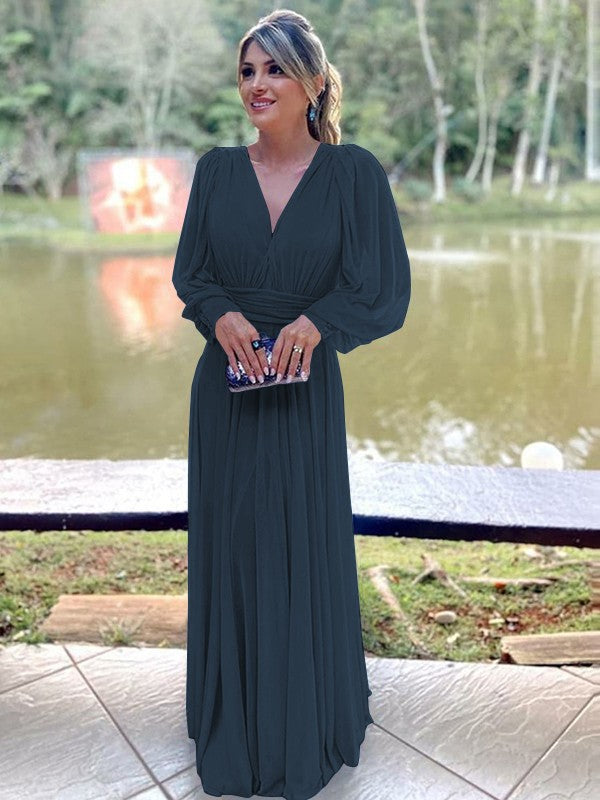 A-Line/Princess Chiffon Ruffles V-neck Long Sleeves Floor-Length Mother of the Bride Dresses