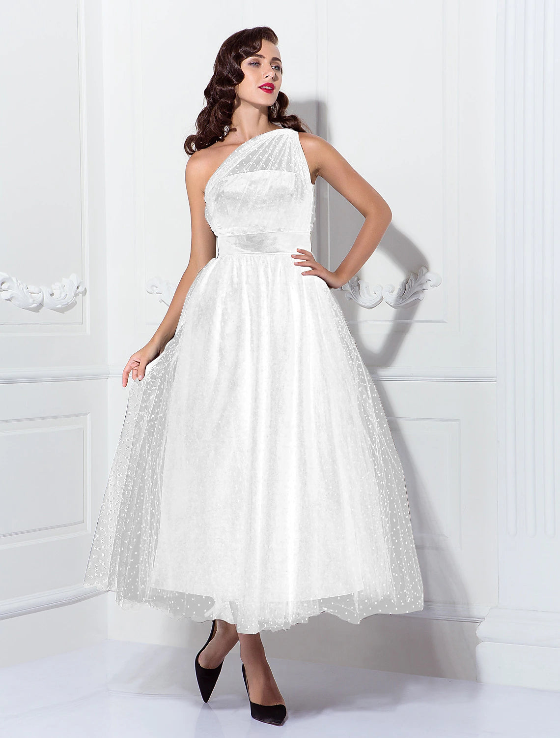 Vestidos de cóctel de corte A, vestido de los años 50, para invitada de boda, largo hasta los tobillos, sin mangas, un hombro, Miércoles de la Familia Addams, tul con pliegues, estampado/estampado