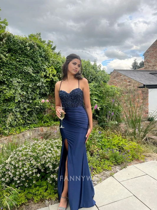 Meerjungfrau Spaghettiträger Applikationen Satin Marineblau Lange Abendkleider Brautjungfernkleider Abendkleid Ballkleid 