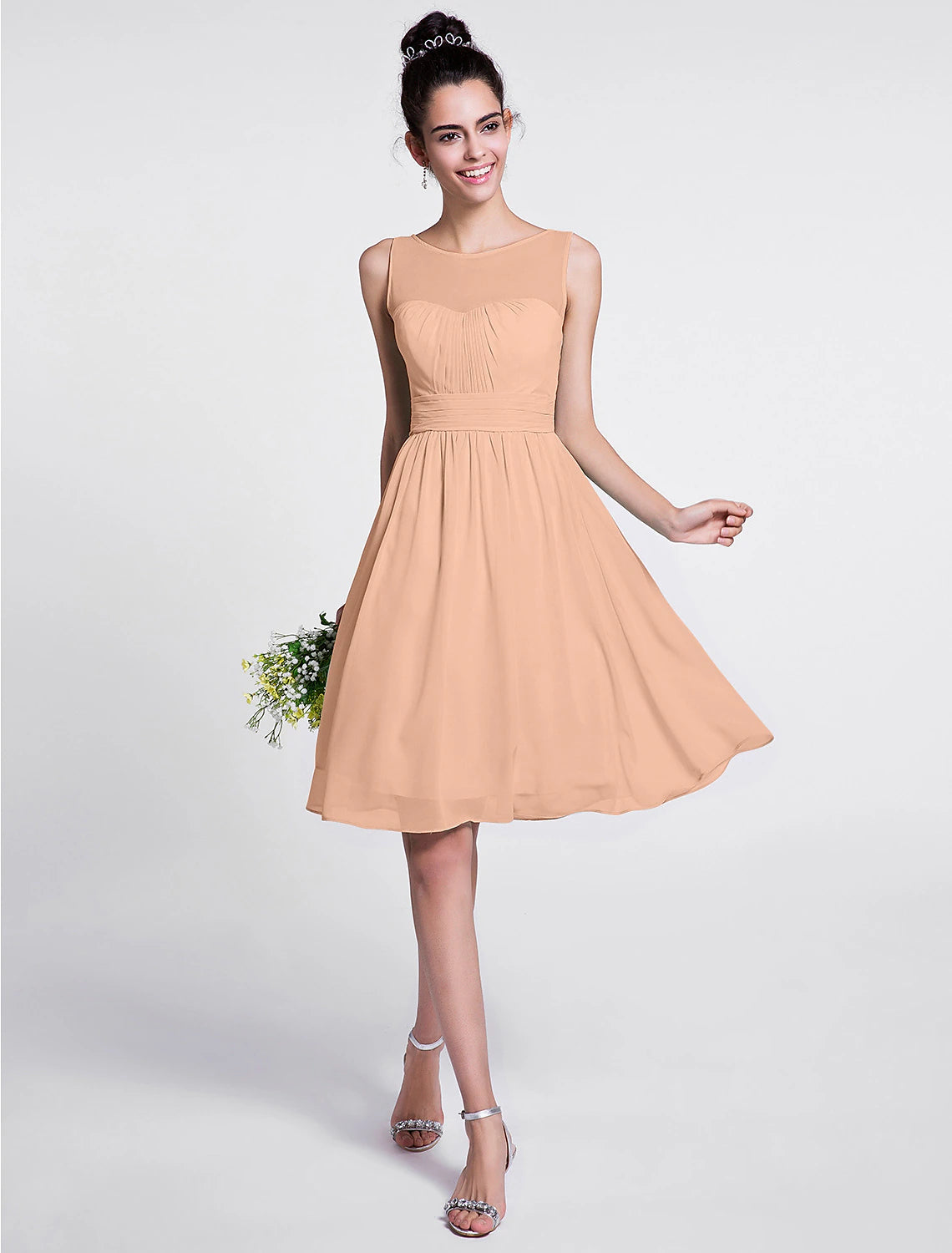 Vestido de dama de honor de corte A, escote redondo, sin mangas, largo hasta la rodilla, de gasa con fruncido/drapeado