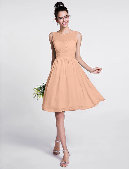 A-Line Bridesmaid Dress Scoop Neck Sleeveless Knee Length Chiffon with Ruched / Draping