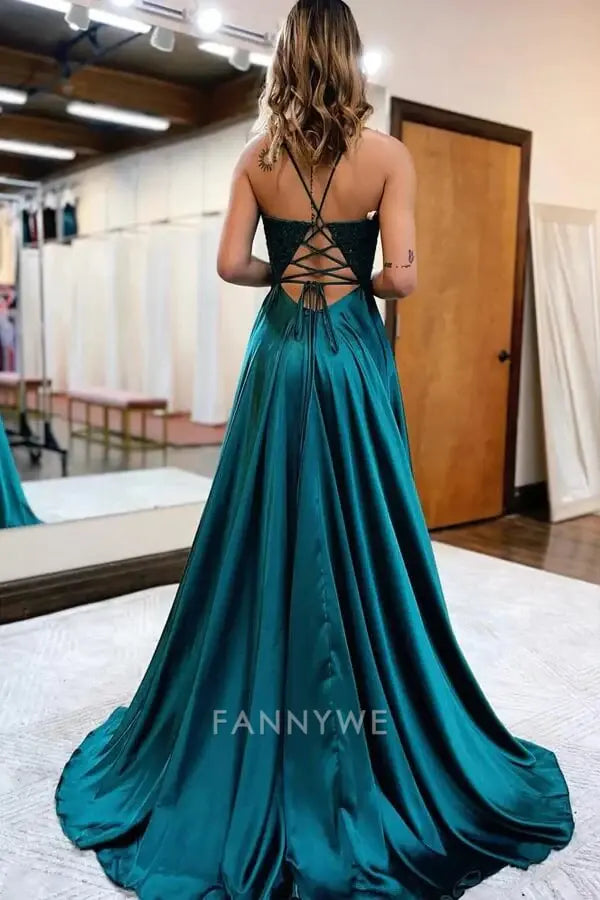 A-line V-neck Spaghetti Straps Satin formal dresses Bridesmaid Dresses evening gown Prom Dress With Slit