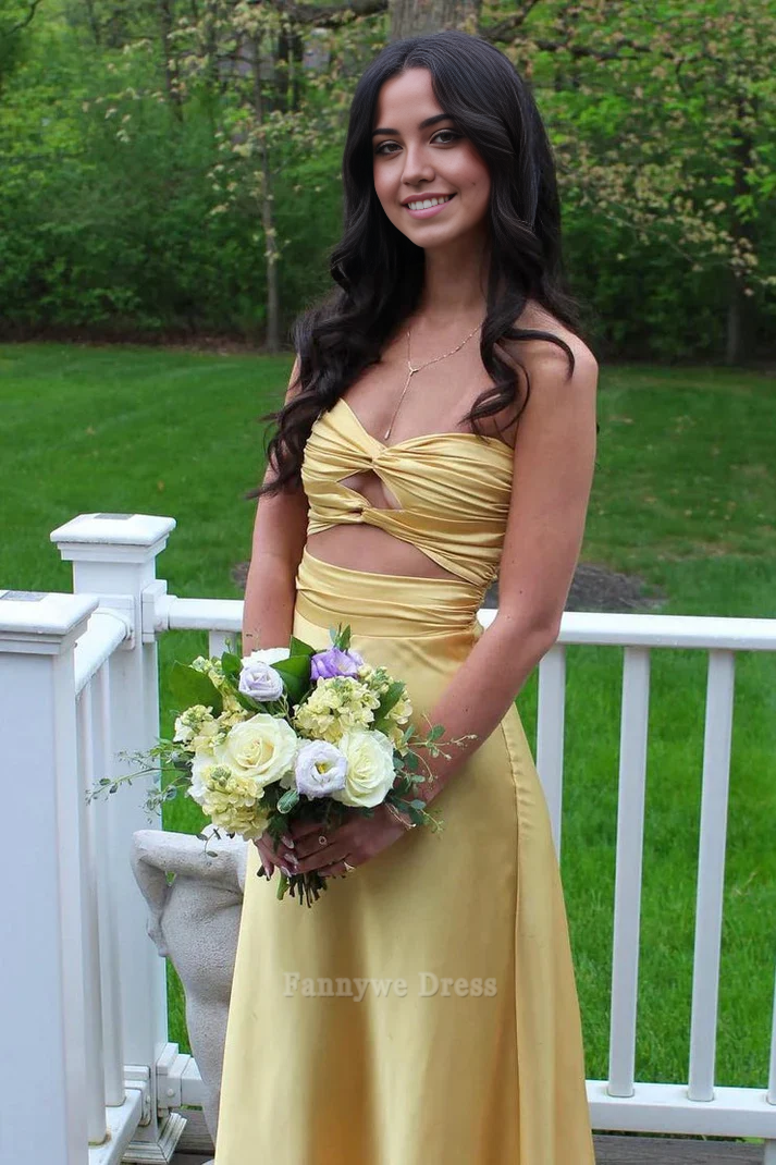 A-Line Simple Strapless Satin Yellow Long formal dresses Bridesmaid Dresses evening gown Prom Dress