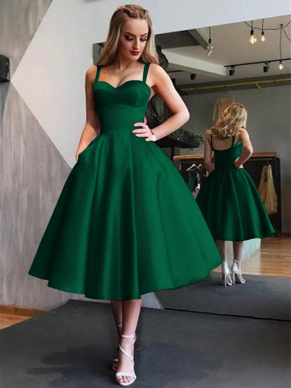 A-Line Straps Satin Sleeveless With Ruffles Tea-Length Dresses