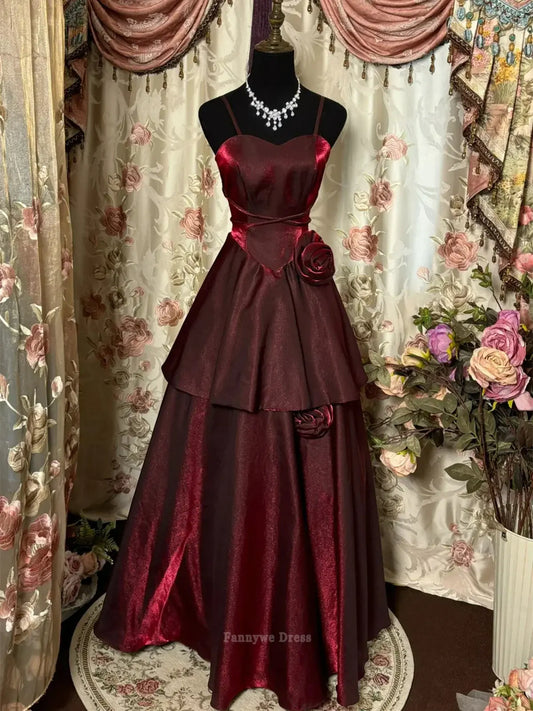 A-Linie Spaghettiträger Satin Burgund Lange Abendkleider Brautjungfernkleider Abendkleid Ballkleid 
