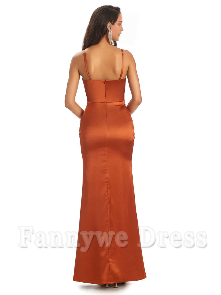 Sheath V-Neck Spaghetti Straps Satin Pleats Side Slit formal dresses evening gown Bridesmaid Dresses