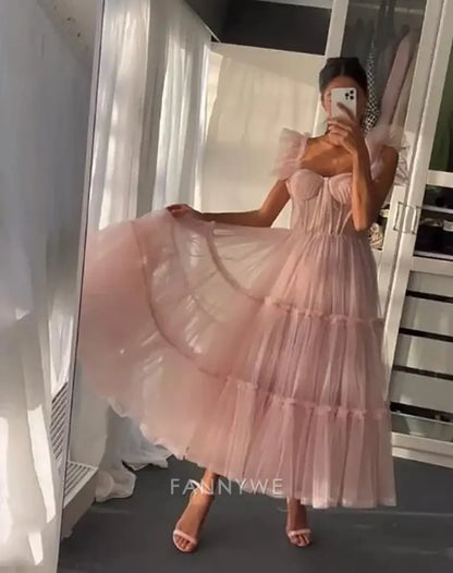 A-line Ruffled Sleeves Tulle Tiered formal dresses Bridesmaid Dresses evening gown Prom Dress