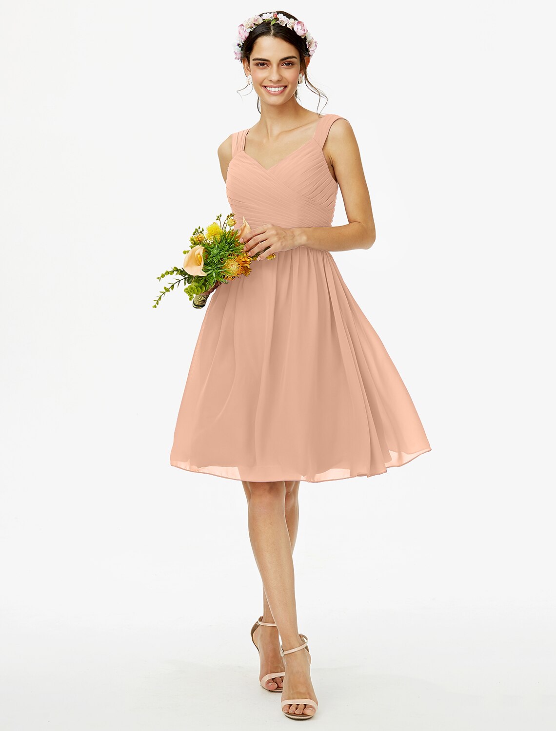 A-Line Bridesmaid Dress Straps Sleeveless Open Back Knee Length Chiffon with Sash / Ribbon / Bow(s) / Criss Cross