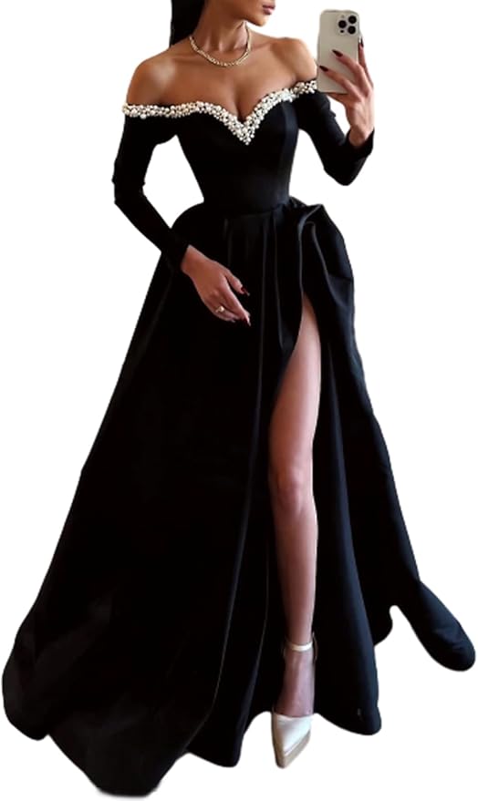 A-Line Sexy Swing Brush Long Sleeve Off-the-shoulder Satin Pearl Slit Evening Gown Formal Prom Dress