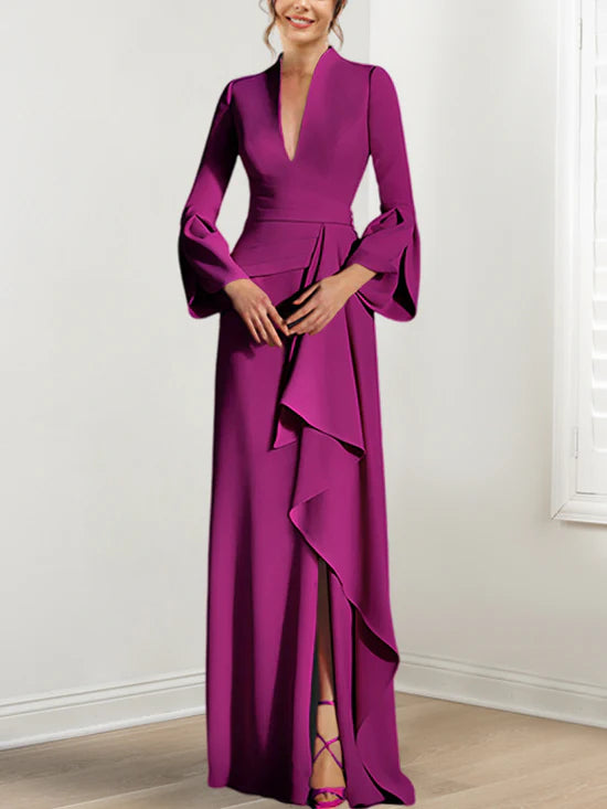 Sheath V-Neck Long Sleeves Floor-Length Mother Of The Bride Dresses