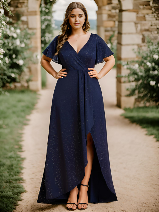 Plus Size A-Linie High Low Rüschen Abendkleider Hochzeitsgastkleid Abendkleid Brautjungfernkleider 