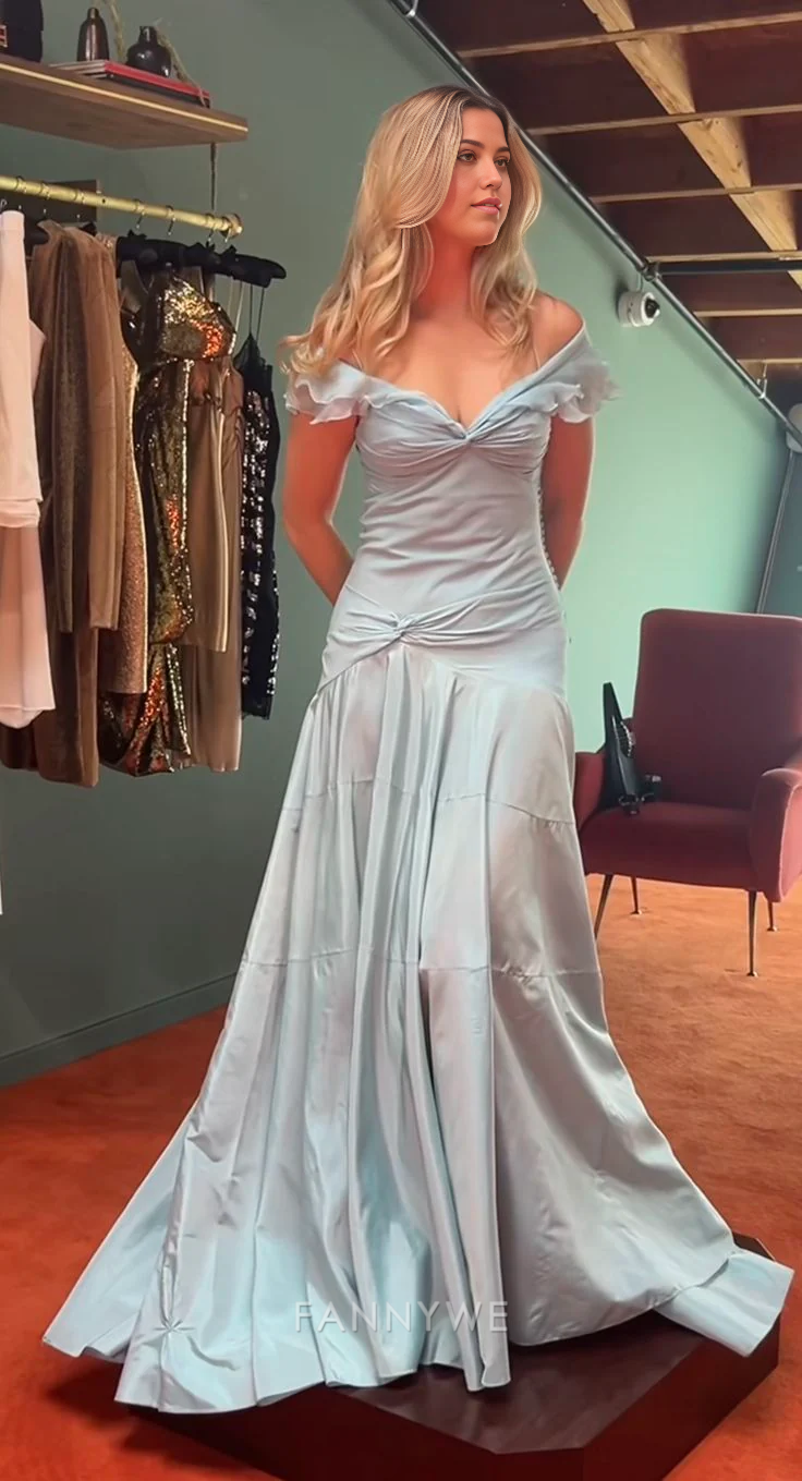 A-line elegant simple off-shoulder tulle Blue long formal dresses Bridesmaid Dresses evening gown Prom Dress