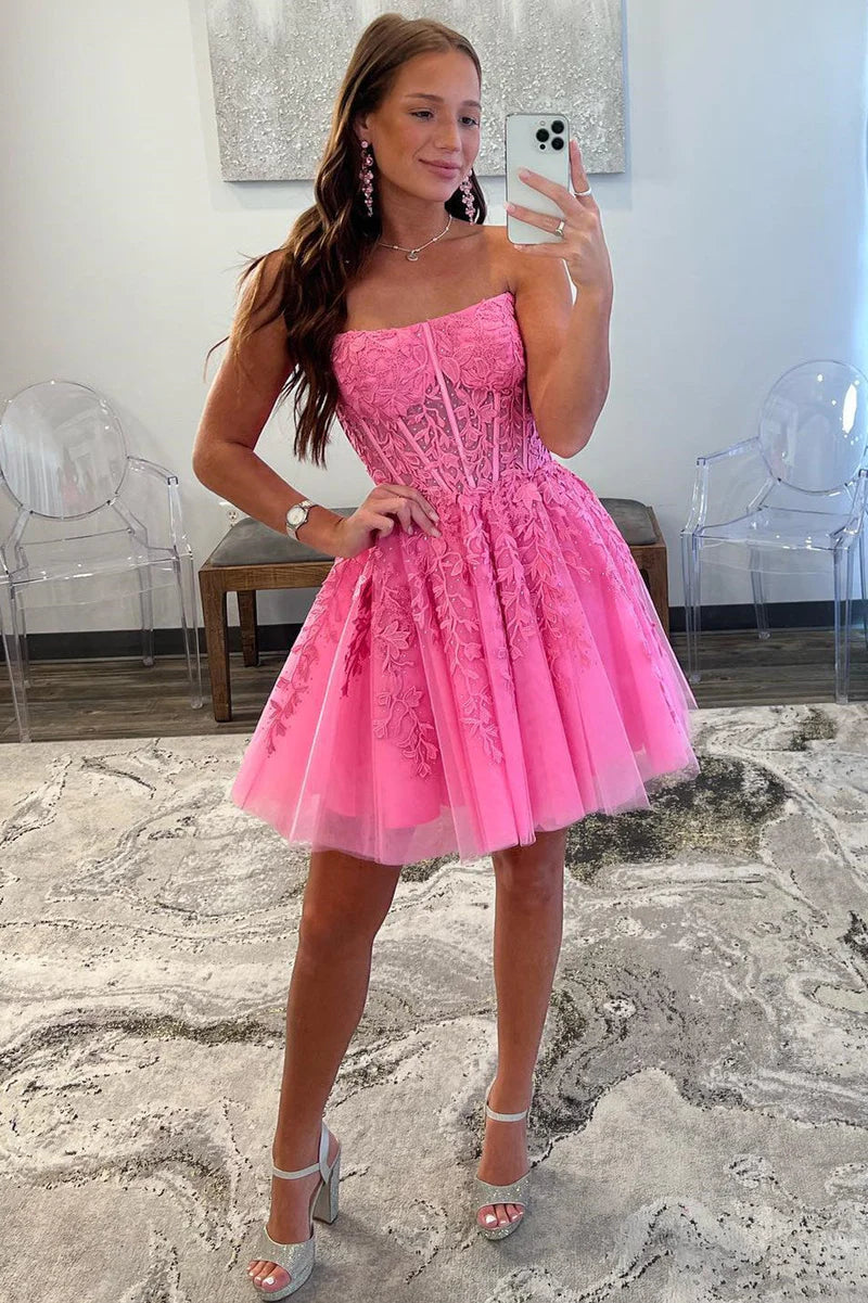 Vestido de fiesta de tul con encaje y apliques en forma de A