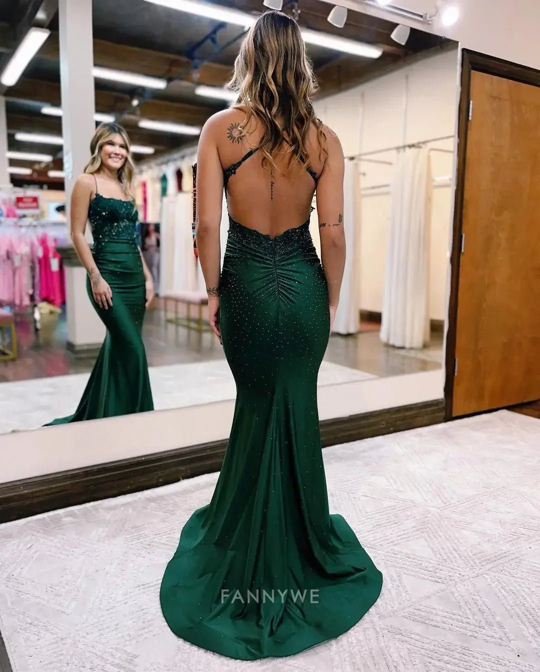 Mermaid shiny Spaghetti Straps long satin Dark green formal dresses Bridesmaid Dresses evening gown Prom Dress with beading