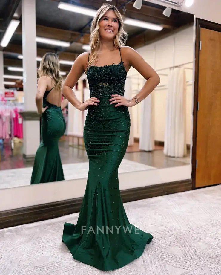 Mermaid shiny Spaghetti Straps long satin Dark green formal dresses Bridesmaid Dresses evening gown Prom Dress with beading
