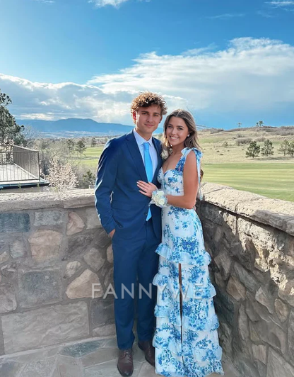 A-line elegant layered chiffon floral backless Blue long formal dresses Bridesmaid Dresses evening gown Prom Dress
