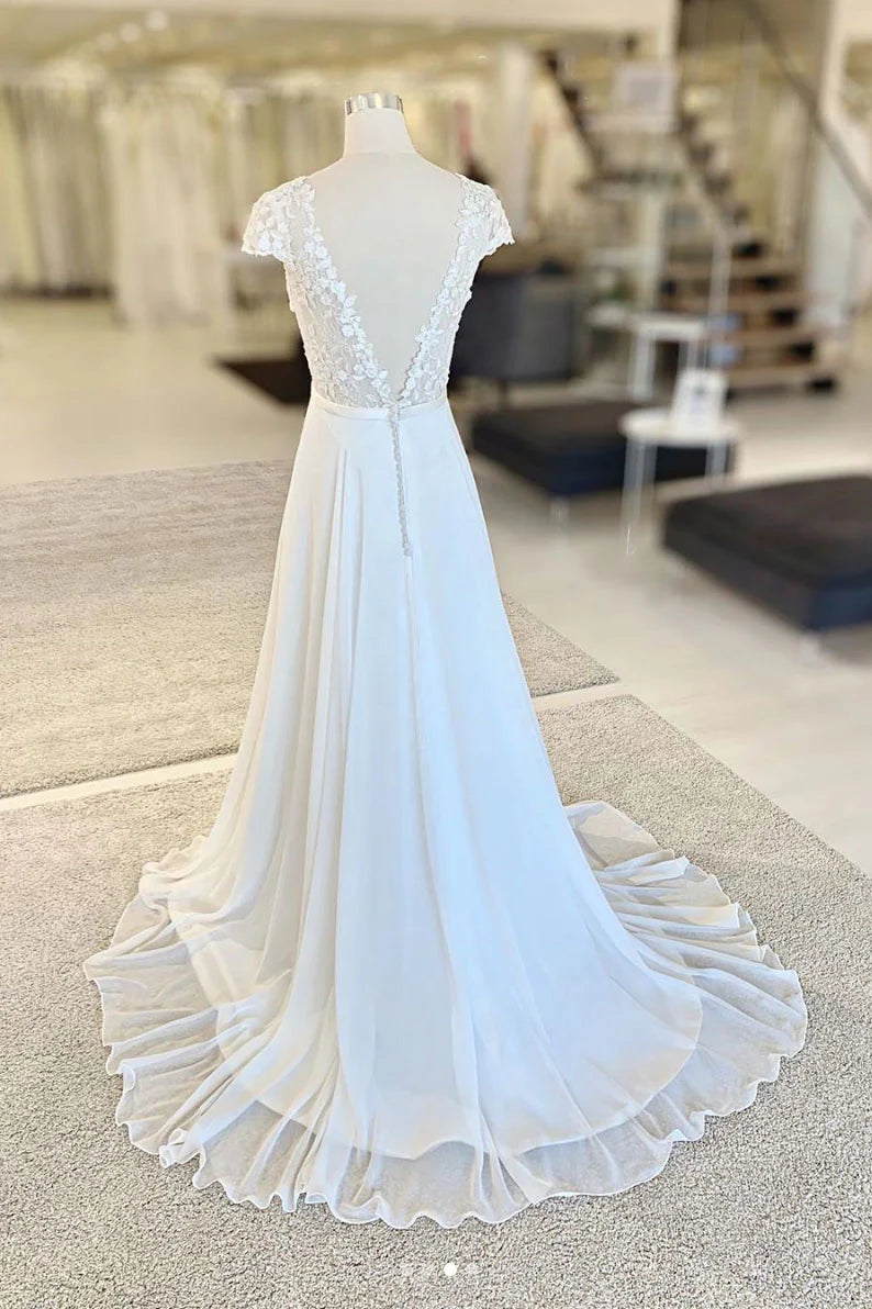V neck lace chiffon long Wedding Dresses