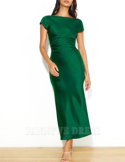 Sheath Elegant Cap Sleeve Cowl Back Ruched Waist Satin formal dresses Bridesmaid Dresses evening gown Prom Dress