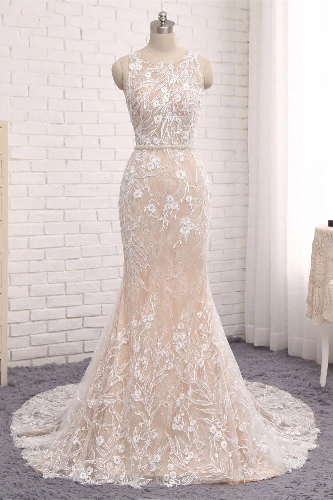 Mermaid Round neck lace long wedding dress