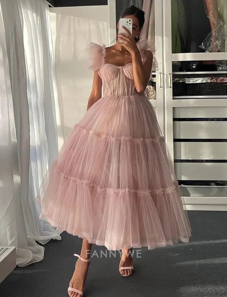 A-line Ruffled Sleeves Tulle Tiered formal dresses Bridesmaid Dresses evening gown Prom Dress
