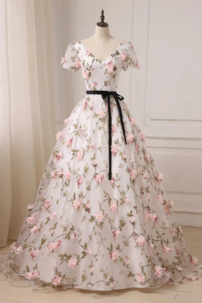 V neck 3D applique long prom dress