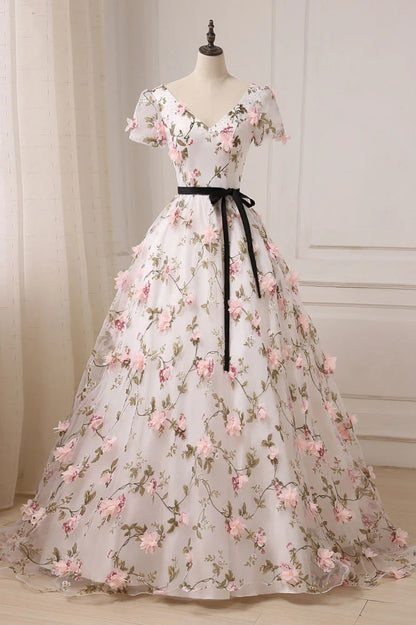V neck 3D applique long prom dress