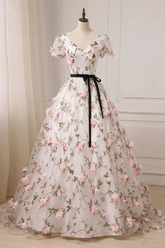 V neck 3D applique long prom dress