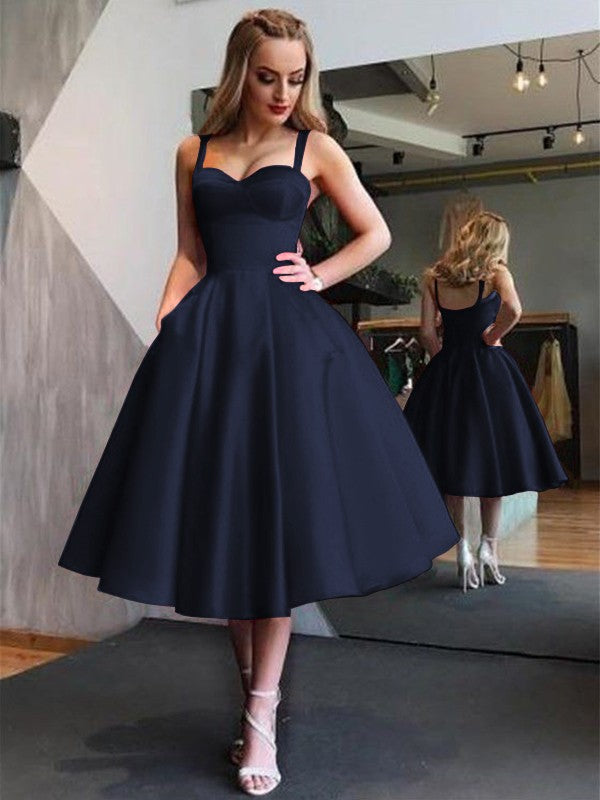 A-Line Straps Satin Sleeveless With Ruffles Tea-Length Dresses