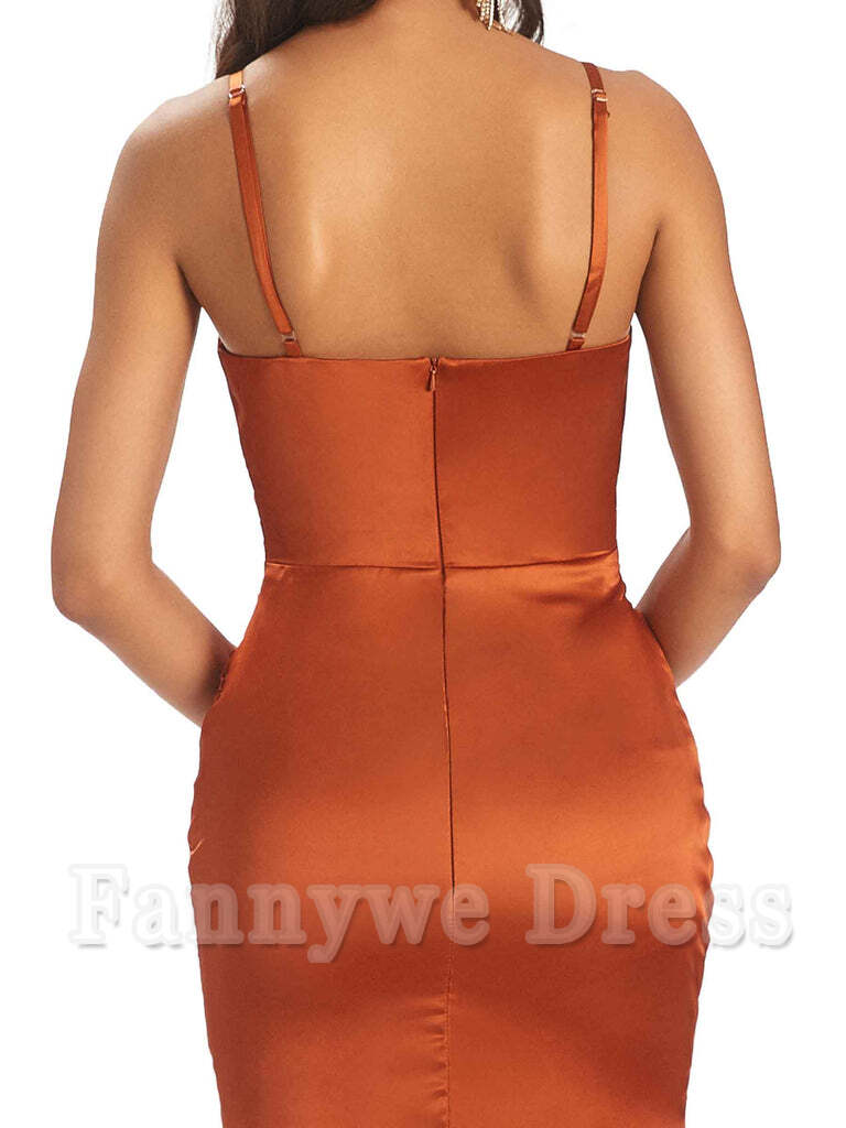 Vestido de noche formal con escote en V, tirantes finos, satén, pliegues y abertura lateral, para dama de honor 