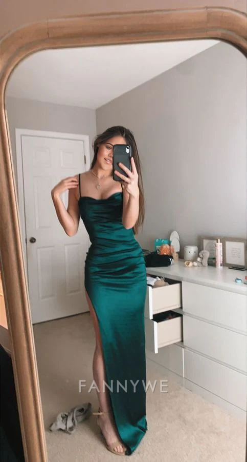 Sheath Spaghetti Straps Satin Green Long formal dresses Bridesmaid Dresses evening gown Prom Dress