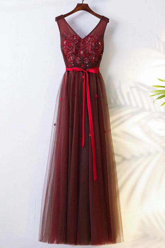 V neck lace tulle long prom dress
