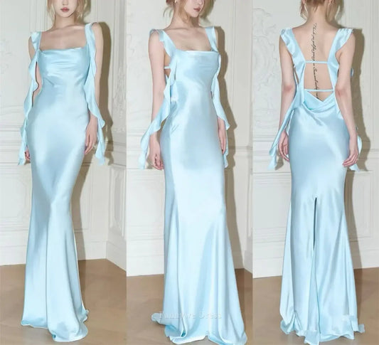Vestidos largos formales de satén azul con tirantes de sirena, vestidos de dama de honor, vestido de noche, vestido de fiesta