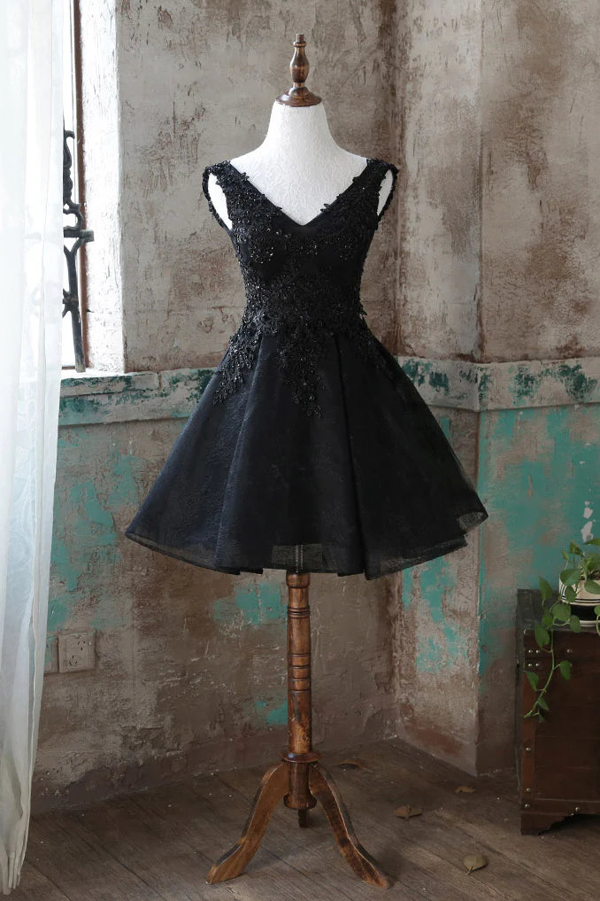 V neck tulle lace short prom dress