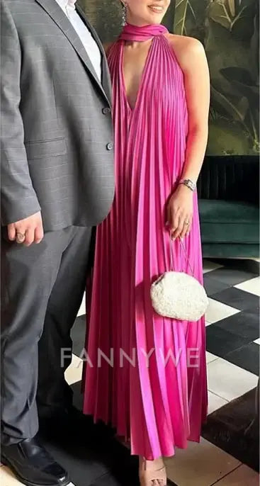 A-Line Halter Deep V Satin Pink Long formal dresses Bridesmaid Dresses evening gown Prom Dress