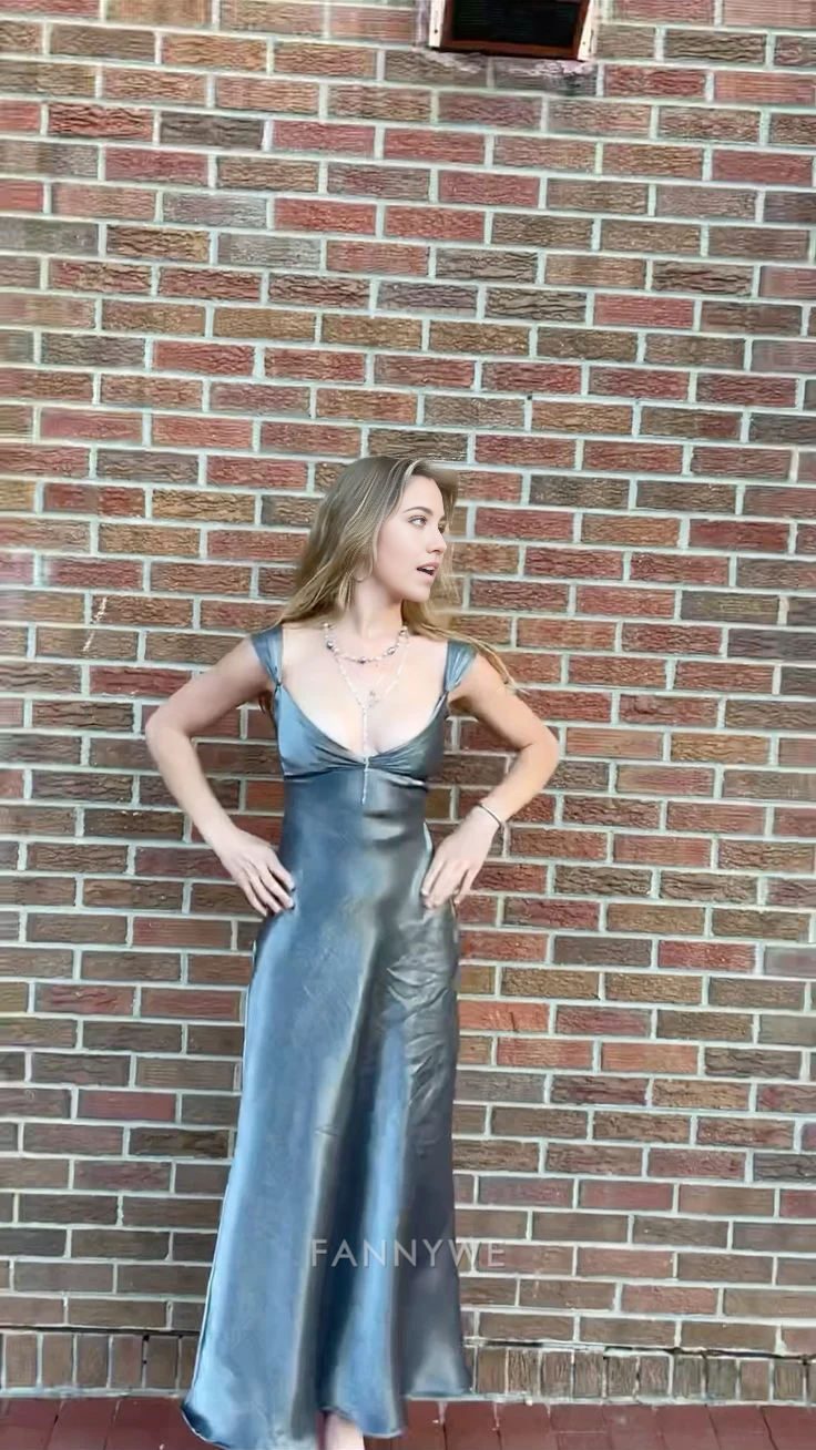 Sheath V Neck Satin Cute Silver Grey Long formal dresses Bridesmaid Dresses evening gown Prom Dress