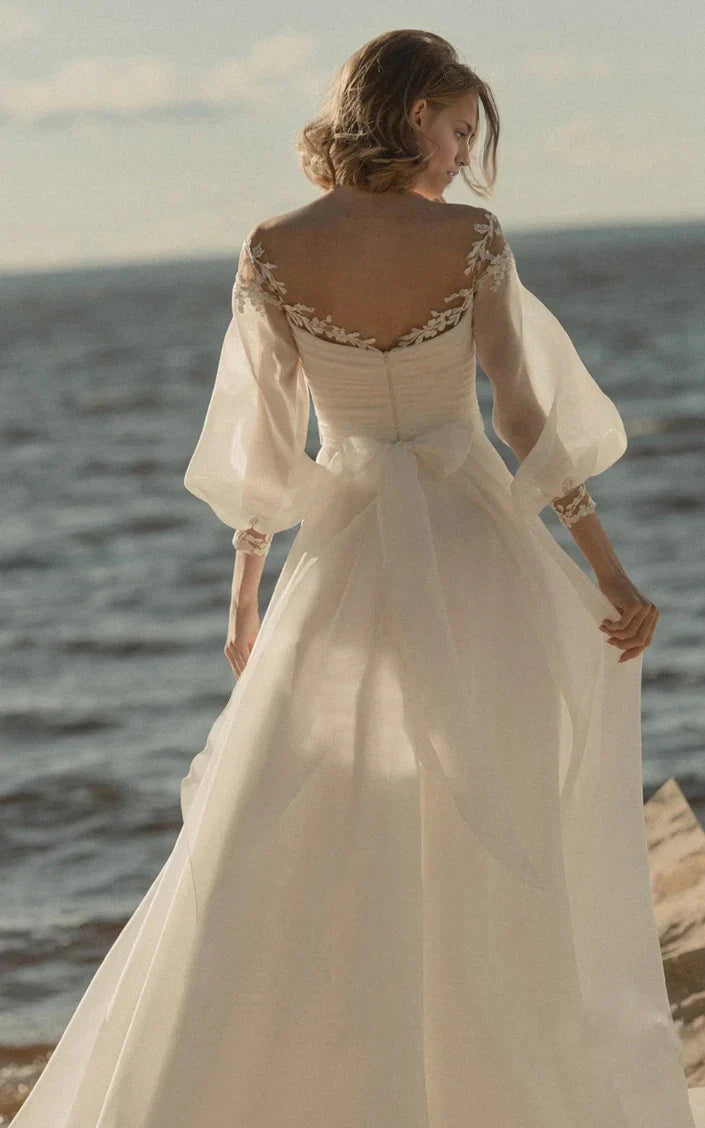 Vestido de novia de corte A, sencillo, de playa, con encaje de organza, cremallera hasta el suelo, espalda en V baja y mangas transparentes