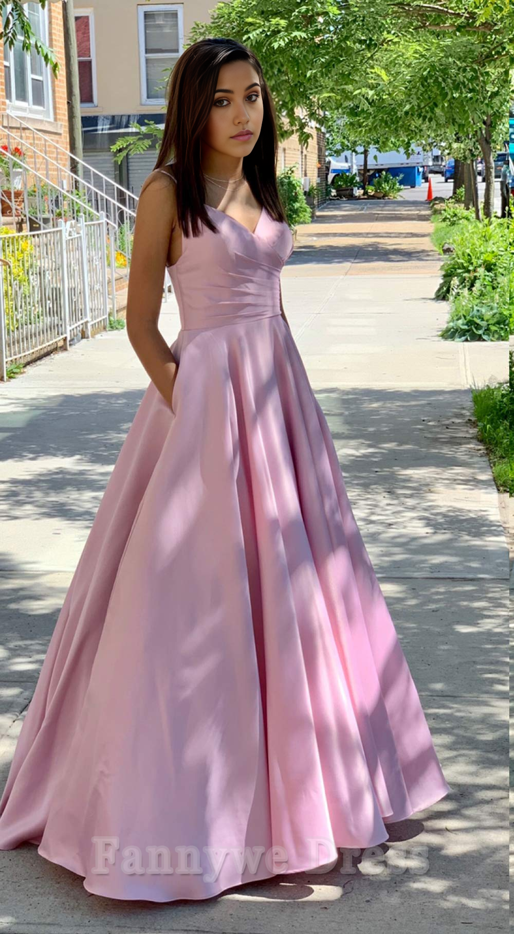 A-line V Neck Spaghetti Straps Pleated Satin Long formal dresses evening gown Prom Dress with Pockets