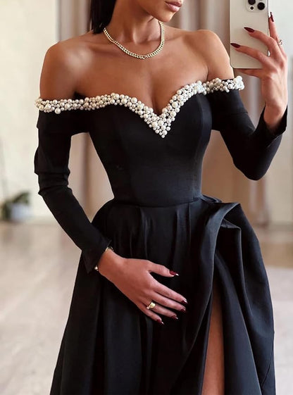Vestido de noche formal de satén con abertura y perla, corte A, sexy, con escote tipo swing, manga larga y hombros descubiertos