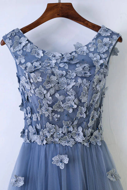Round neck tulle lace applique long prom dress