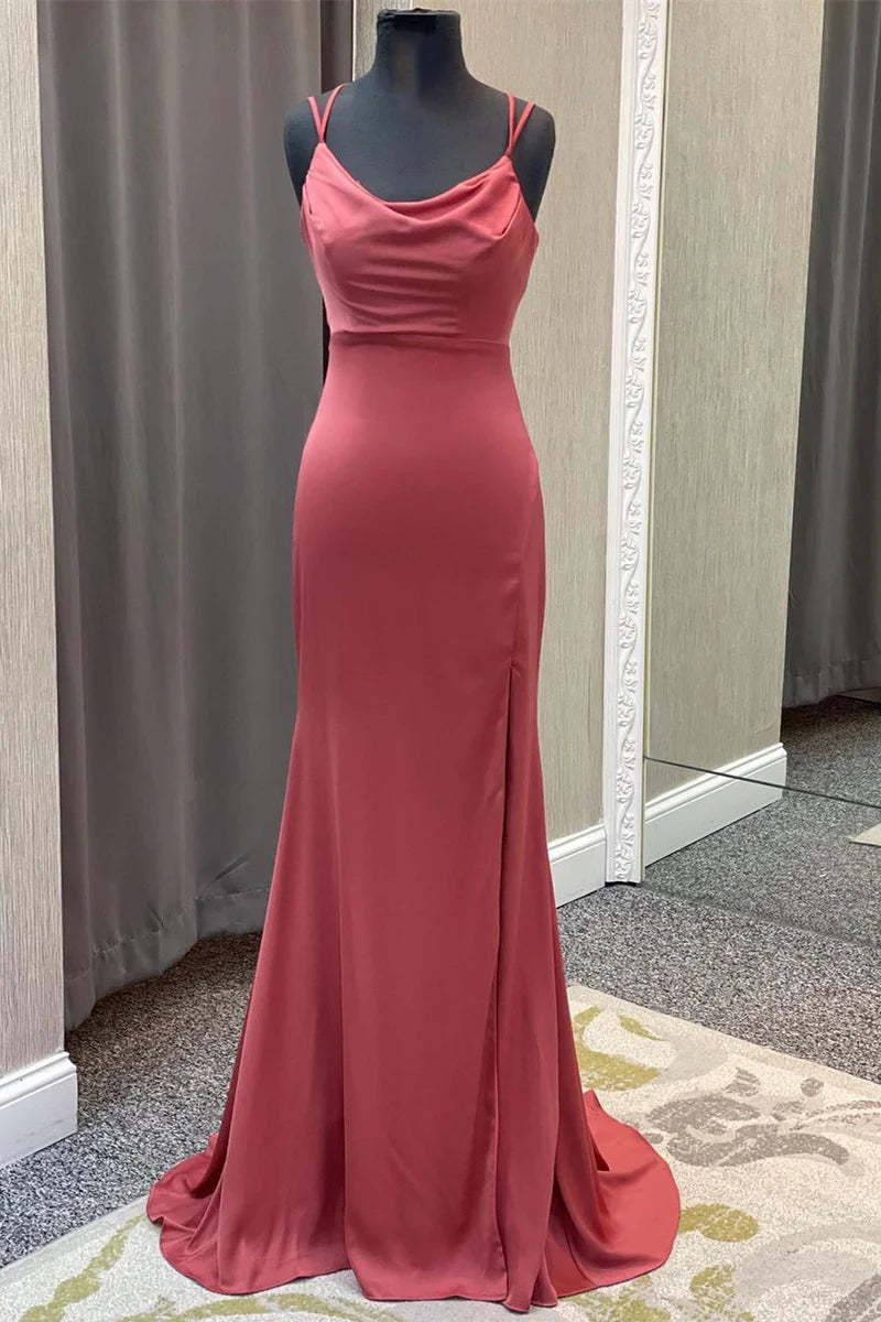 Vestido de fiesta largo con tirantes y cuello vuelto de sirena
