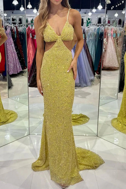 Meerjungfrau Spaghettiträger Pailletten Langes Ballkleid mit offenem Rücken