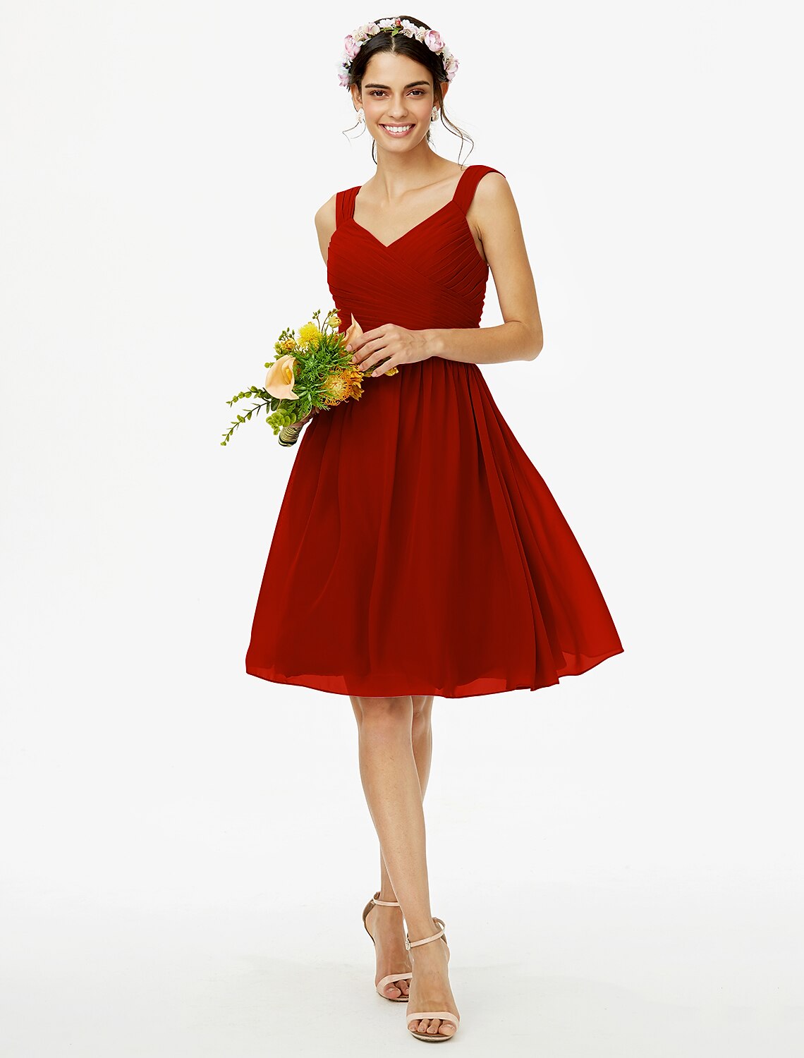 A-Line Bridesmaid Dress Straps Sleeveless Open Back Knee Length Chiffon with Sash / Ribbon / Bow(s) / Criss Cross
