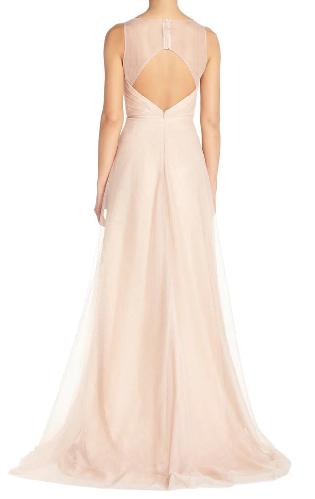 A Line V Neck Tulle Long Bridesmaid Dress