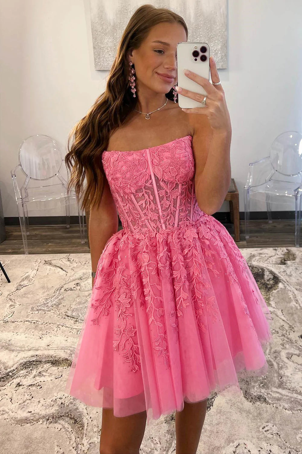 Vestido de fiesta de tul con encaje y apliques en forma de A