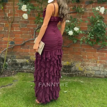 Sheath Elegant Sexy Spaghetti Strap Ankle Length Chiffon Ruffle Purple formal dresses Bridesmaid Dresses evening gown Prom Dress