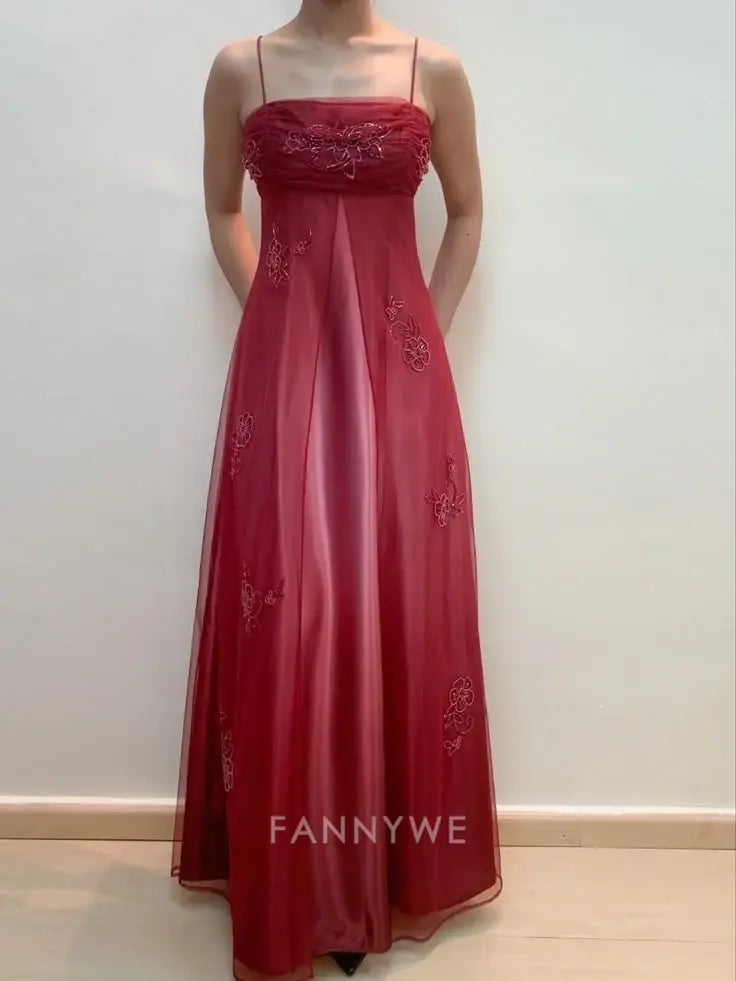 Elegant Exquisite Embroidery Beading Spaghetti Strap Long Tulle formal dresses Bridesmaid Dresses evening gown Prom Dress