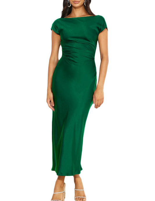 Sheath Elegant Cap Sleeve Cowl Back Ruched Waist Satin formal dresses Bridesmaid Dresses evening gown Prom Dress
