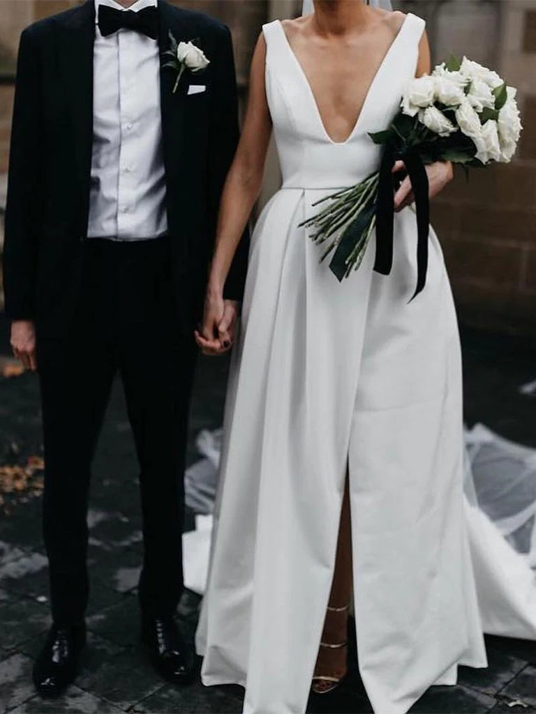 A-line Stunning V-Neck V Back Satin Straps Ivory Wedding Dresses Bridal Gowns with Pockets
