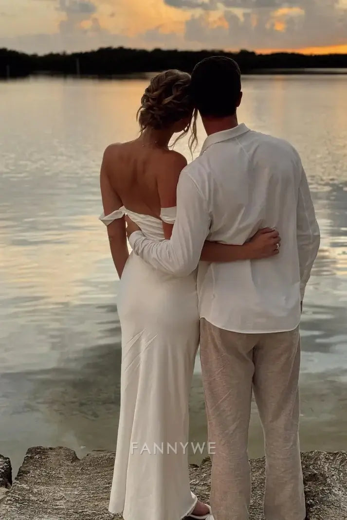 Einfaches schulterfreies Satin-Weiß-Langes Abendkleid Brautjungfernkleider Abendkleid Ballkleid